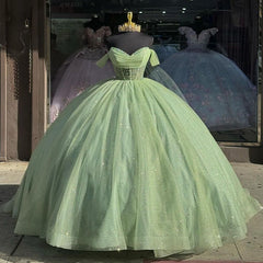 Sage Green Off-Shoulder Ball Gown with Beaded Detailing & Glitter Tulle Skirt Perfect for Quinceanera Sweet 16 and Formal Evening Events