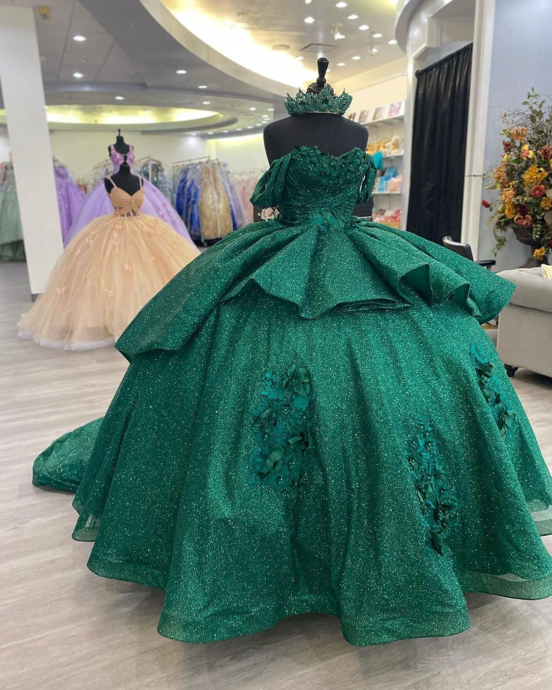 Exquisite Dark Green Ball Gown Off-Shoulder 3D Floral Tulle Dress for Quinceanera Sweet 16 & Birthday Galas