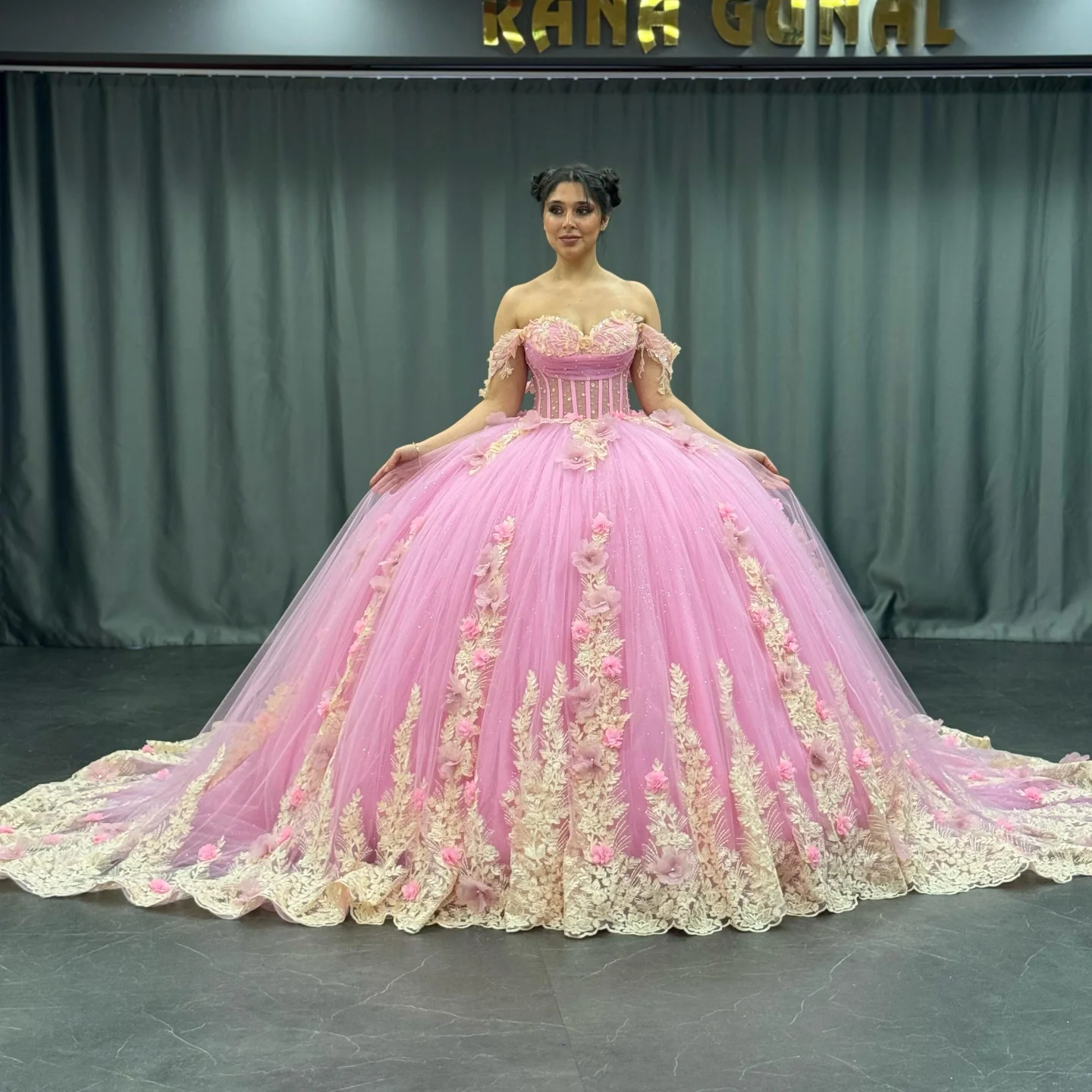 Gold Beaded Off-Shoulder Ball Gown with Detachable Ruffles & 3D Floral Appliques Sparkling Pink Tulle Quinceanera & Formal Party Dress