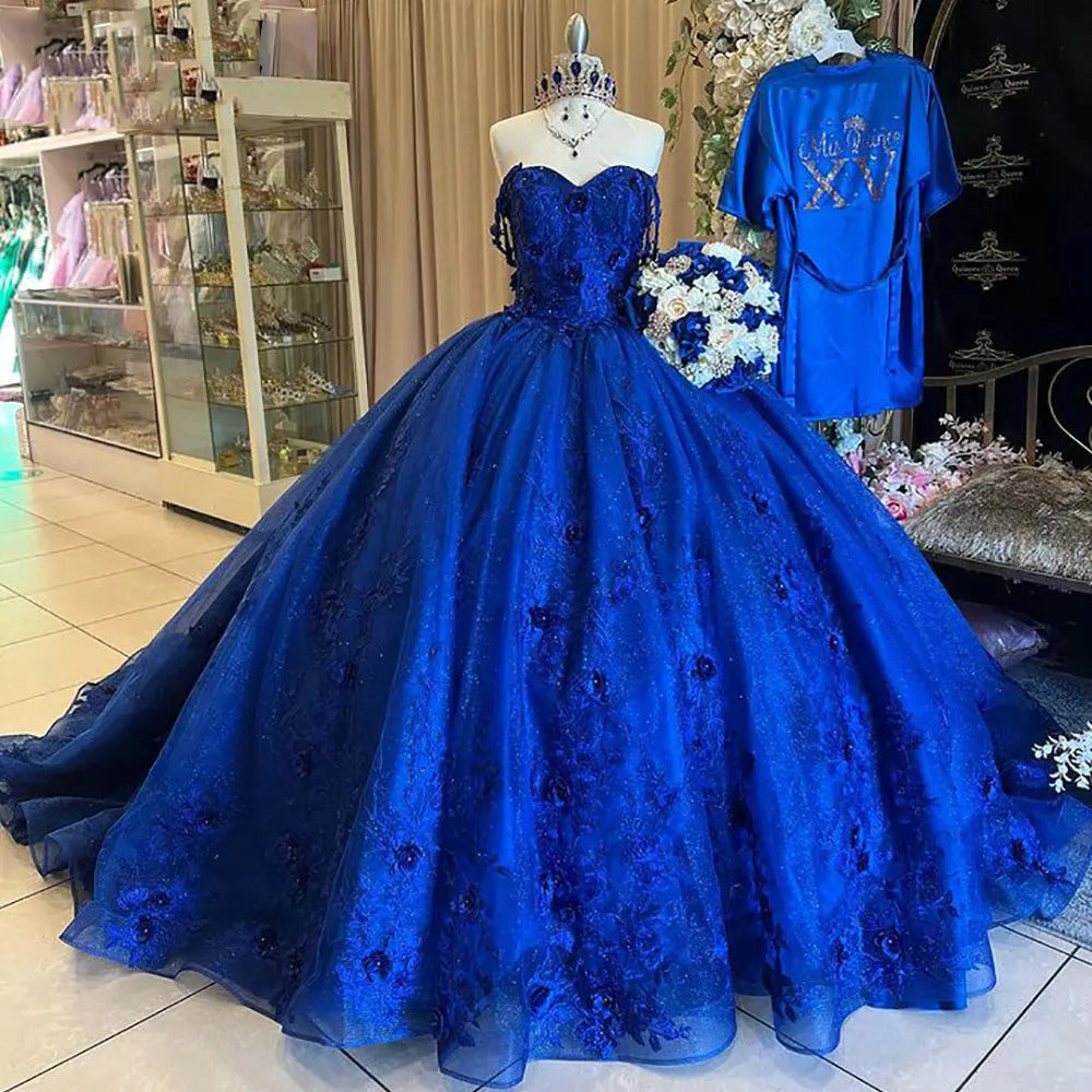 Royal Blue Quinceanera Dress Off-Shoulder Ball Gown with 3D Flower Lace & Glitter Tulle for Sweet 16 & Princess Parties