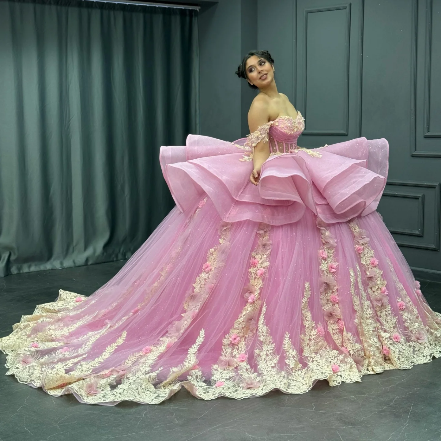 Gold Beaded Off-Shoulder Ball Gown with Detachable Ruffles & 3D Floral Appliques Sparkling Pink Tulle Quinceanera & Formal Party Dress