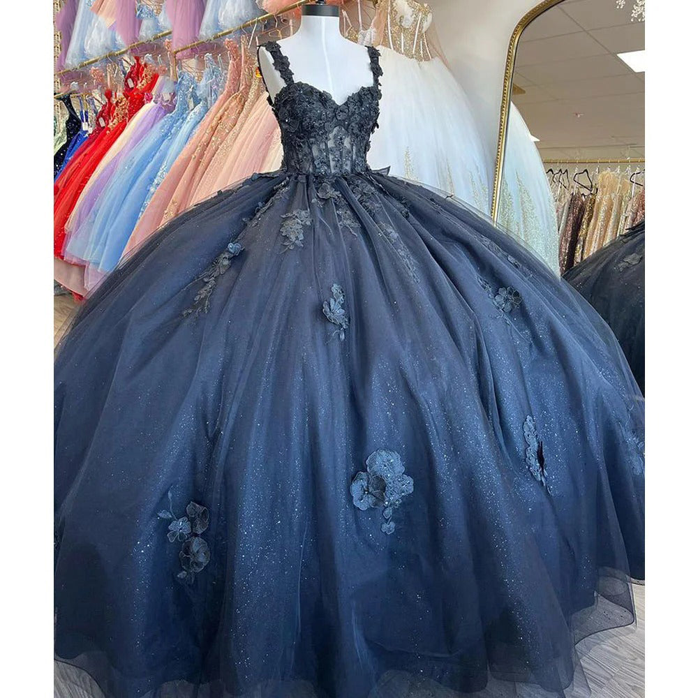 Exquisite Navy Blue Ball Gown Sweetheart Neckline with 3D Floral Appliques & Beaded Details for Quinceanera Sweet 16 or Princess-Themed Celebrations