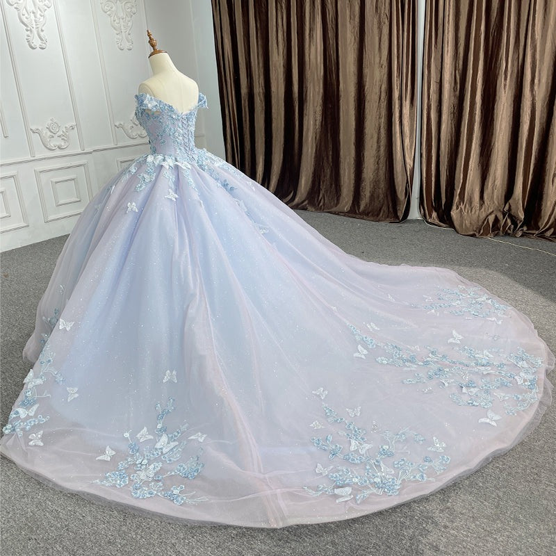 Lavender Quinceanera Dress Off-Shoulder Ball Gown with 3D Butterfly Lace Appliques & Lace-Up Corset