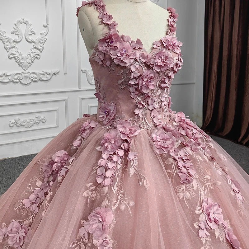 Ball Gown with Off-Shoulder Straps & 3D Floral Lace Appliques Rose Pink Tulle Quinceanera Dress for Sweet 16