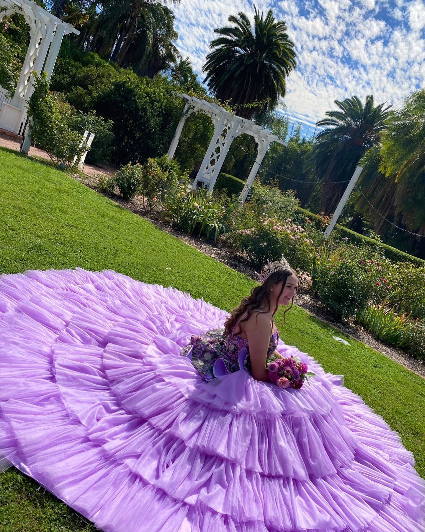 Lavender Tulle Quinceanera Dress Strapless Ball Gown with Floral Appliques & Tiered Skirt for Sweet 16