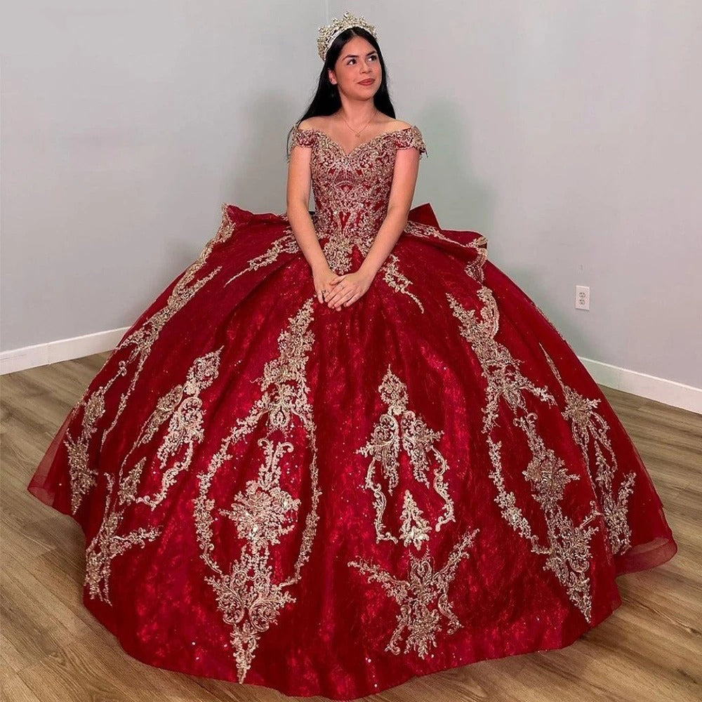 Off-Shoulder Red Tulle Quinceanera Dress Cap Sleeve Lace Applique Ball Gown for Sweet 16 Prom & Birthday Parties