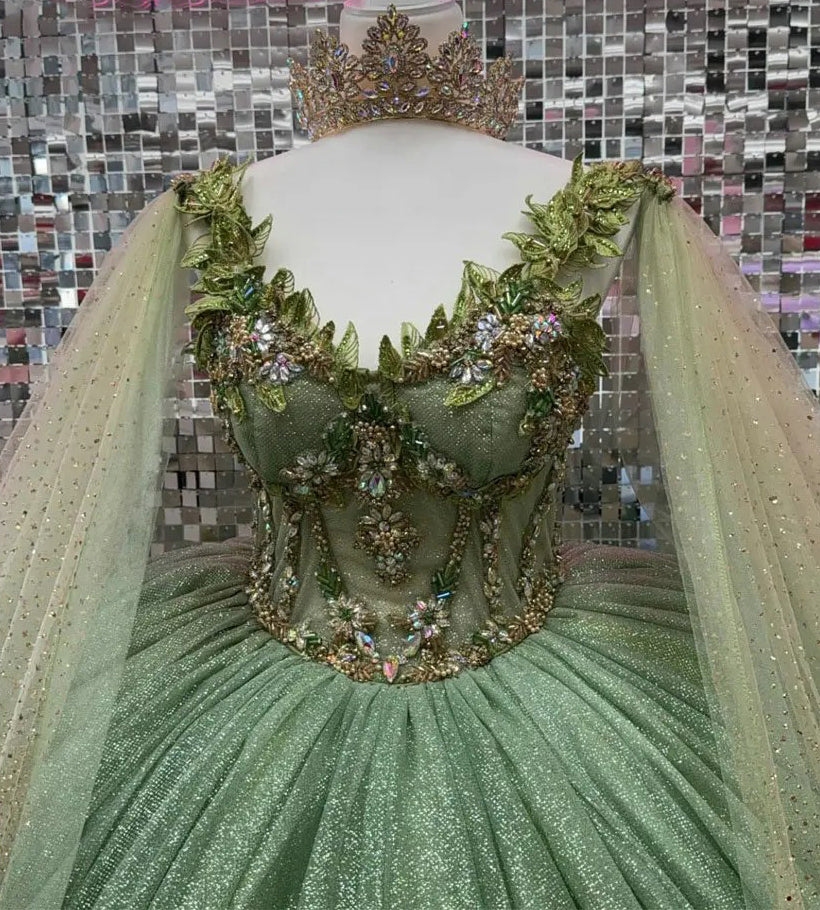 Sage Green Beaded Ball Gown Sweetheart Neckline Sparkling Tulle Quinceanera Dress for Sweet 16 & Formal Evenings