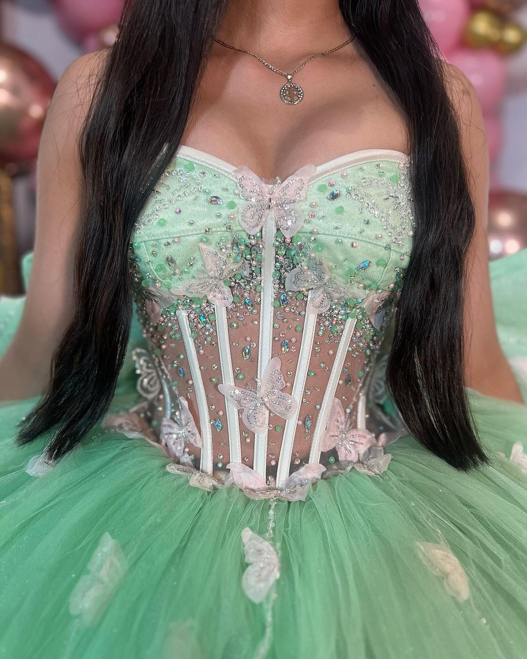 Mint Green Ball Gown with Sweetheart Neckline 3D Butterfly Appliques and Bow Detail Perfect for Quinceanera & Evening Galas