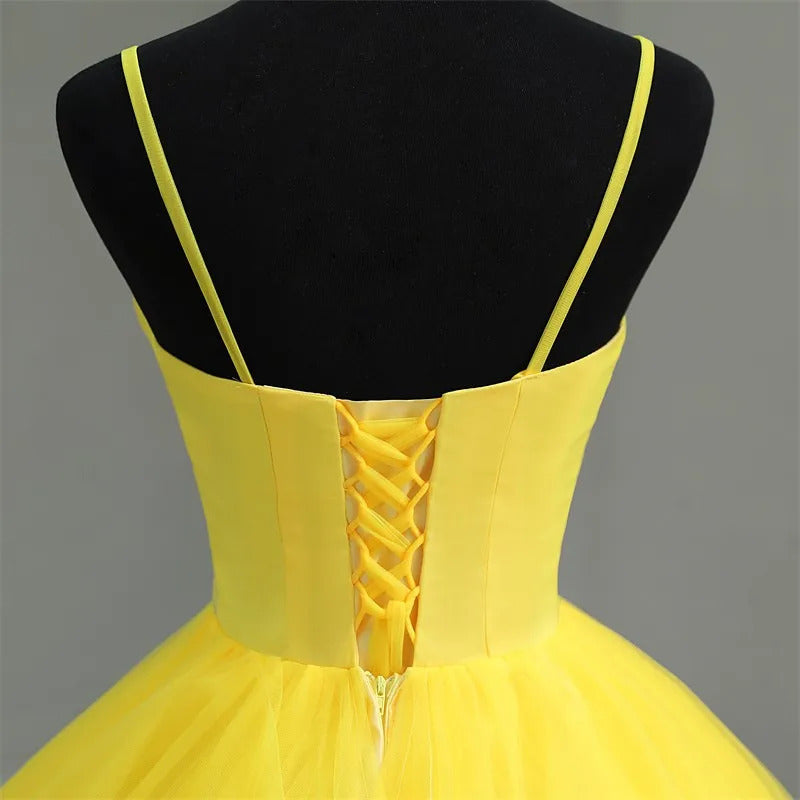 V-Neck Spaghetti Strap Tiered Yellow Tulle Ball Gown Perfect for Quinceanera & Sweet 16 Celebrations