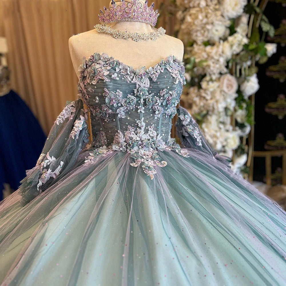 Off-Shoulder Ball Gown Sweetheart Neck Quinceanera Dress with 3D Floral Appliques & Sparkling Beaded Tulle for Sweet 16 & Princess Parties
