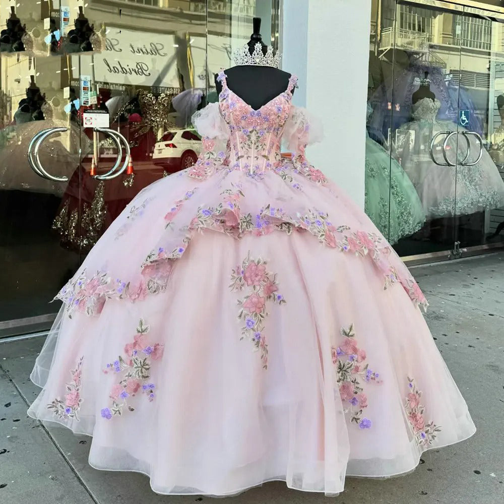 Pink Tulle Quinceanera Dress V-Neck Ball Gown with Floral Lace Beaded Ruffles & Bow Detail for Sweet 16