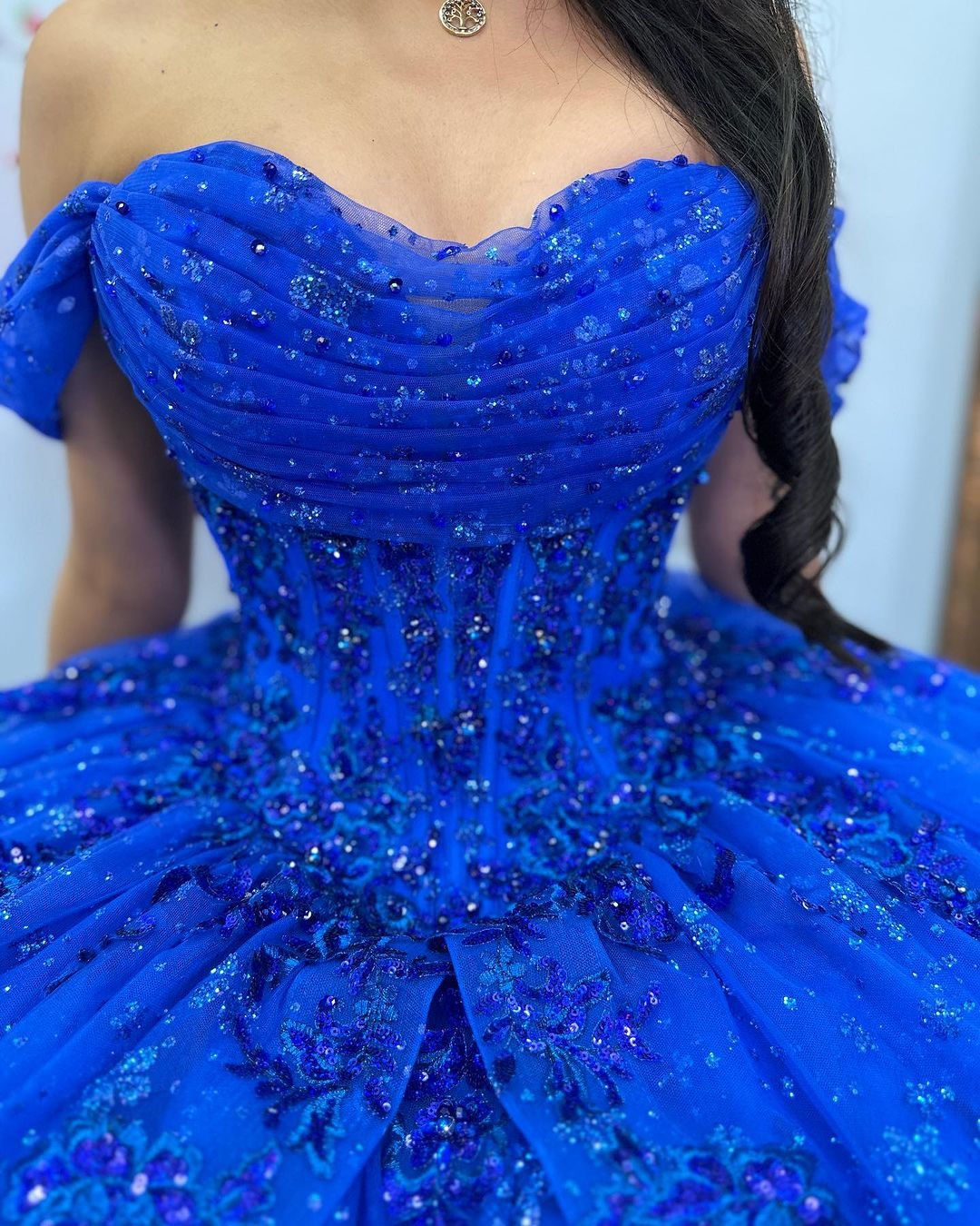 Royal Blue Off-Shoulder Ball Gown Tiered Glitter Tulle Lace Appliques & Beaded Details for Quinceanera Sweet 16 & Evening Galas