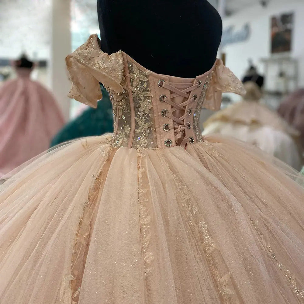 Blush Pink Quinceanera Dress Off-Shoulder Lace Applique Ball Gown with Beaded Details & Sweep Train