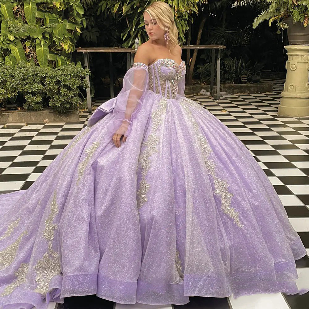 Lilac Tulle Princess Ball Gown Strapless Long Sleeves with Lace Appliques & Beaded Bow for Quinceanera Sweet 16 & Evening Galas
