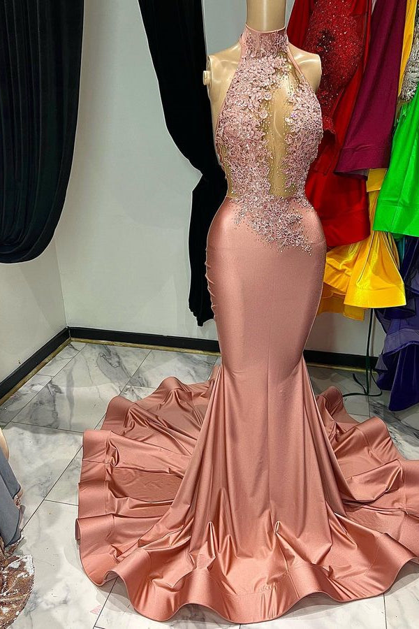 Newinlook Elegant High-Neck Sleeveless Appliques Mermaid Evening Dress