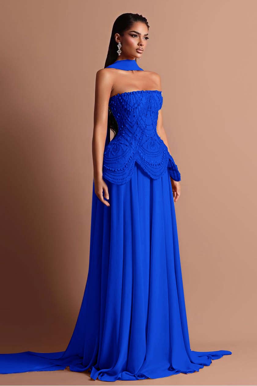 Strapless Sleeveless Long Formal Dress With Beading Pleated Wrap
