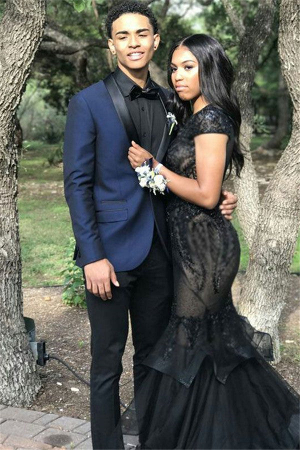 Newinlook Navy Blue Black Silk Lapel Marriage Blazer Suit - High Quality, Two-Piece