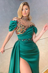 Newinlook Charming Off-the-Shoulder Jade Beads Split Evening Dress With Ruffle