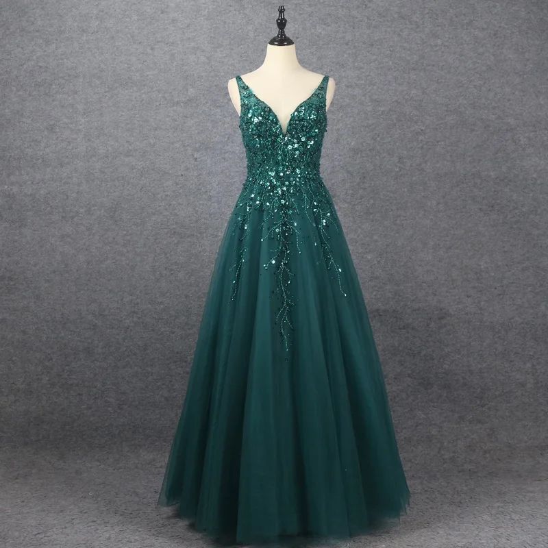 Emerald V Neck Floor Length Formal Dress A Line Sleeveless With Appliques