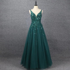 Emerald V Neck Floor Length Formal Dress A Line Sleeveless With Appliques