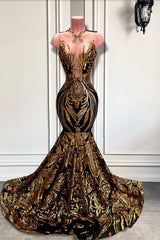 Beautiful Sleeveless Mermaid Long Formal Dresses with Gold Sequins