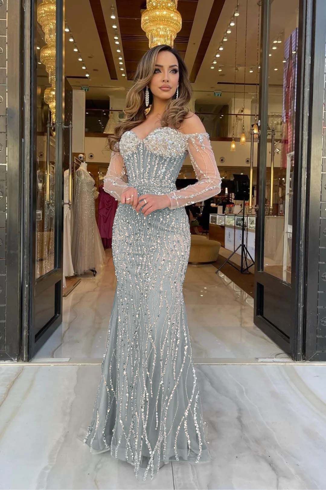 Heavy Formal Dress Sweetheart Long Sleeves Strapless Beading Long Tulle