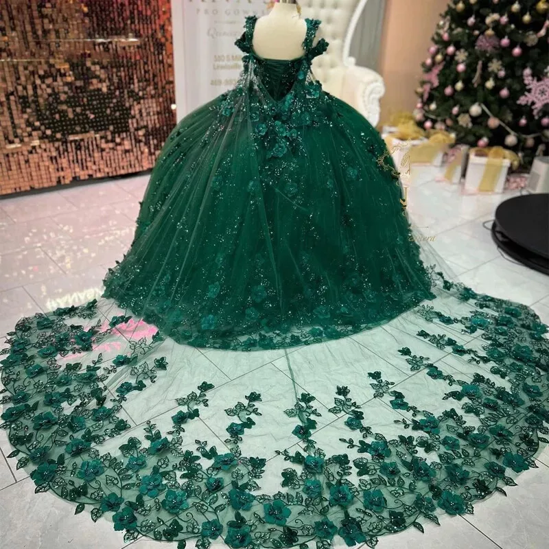 Emerald Green Off-Shoulder Ball Gown 3D Floral Appliques & Beaded Tulle Quinceanera Dress for Sweet 16 & Weddings