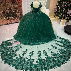 Emerald Green Off-Shoulder Ball Gown 3D Floral Appliques & Beaded Tulle Quinceanera Dress for Sweet 16 & Weddings