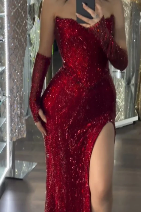 Sequin Strapless Long Mermaid Formal Dress With Split Detachable sleeves