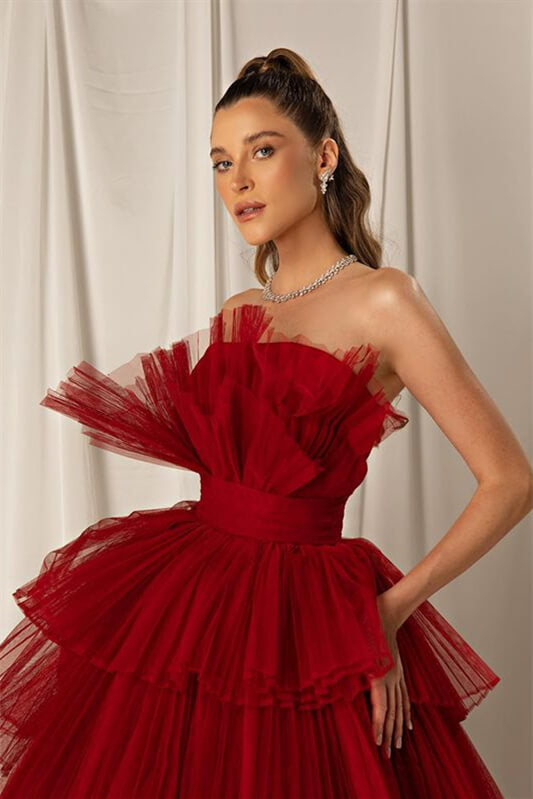 Newinlook Burgundy Mermaid Sleeveless Layers Sleeveless Evening Dress Strapless