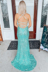 Newinlook Jade V-Neck Spaghetti Strap Split Mermaid Evening Dress With Sequins