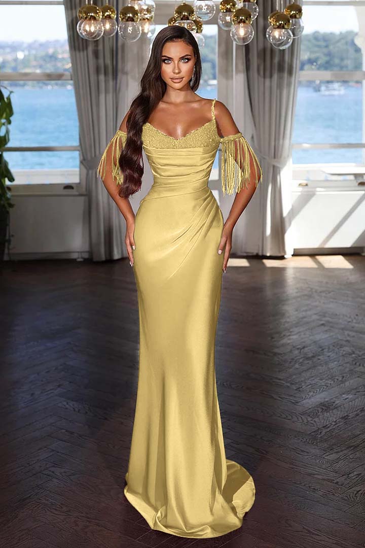 Newinlook Luxury Hot Pink Spaghetti Strap Mermaid Long Evening Dress With Chic Tassels and Sequins