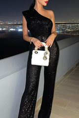 Newinlook Graceful Black One-Shoulder Sleeveless Sequins Long Jump Suit