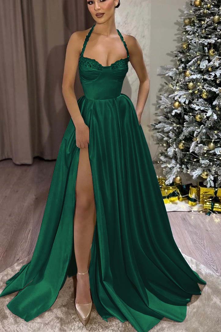 Black Halter Sweetheart Sleeveless Long Formal Dress With Split