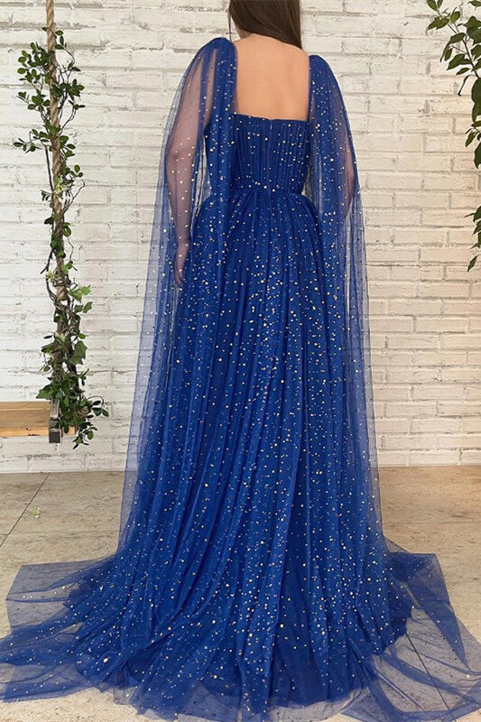 Newinlook Royal Blue Long Tulle Evening Dress Beads With Ruffles