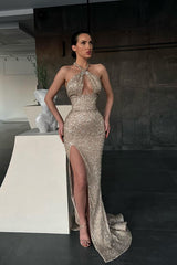 Newinlook Halter Sleeveless Mermaid Long Sequins Evening Dress With Split