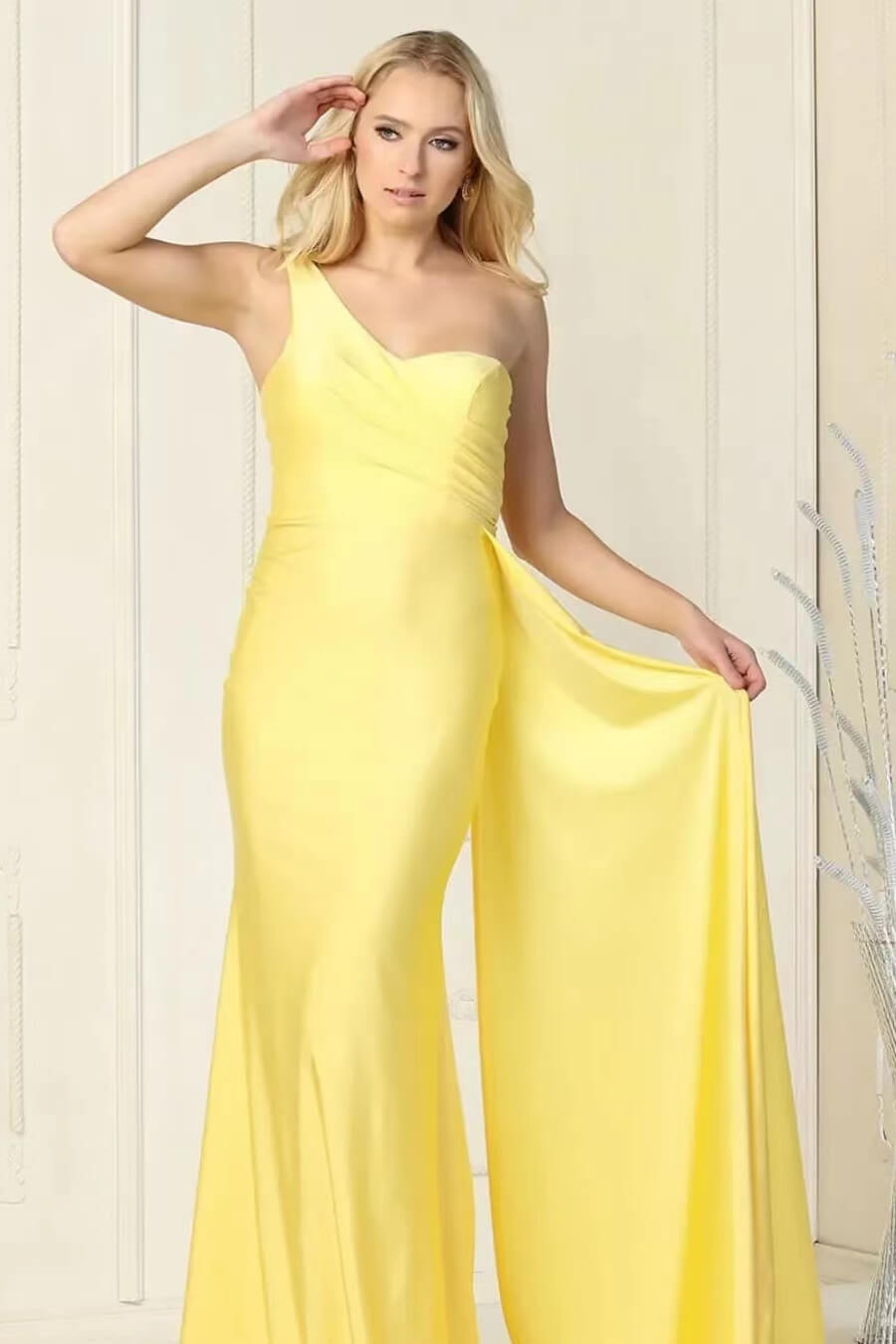 Newinlook Basics Long Elegant Yellow One Shoulder Mermaid Evening Dress
