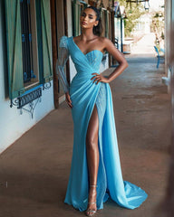 Newinlook Blue Sequins Split Long Evening Dress With One Sleeve