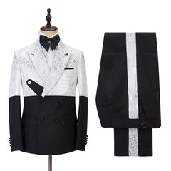 Newinlook Handsome Black and White Jacquard Marriage Blazer Suit with Peaked Lapel