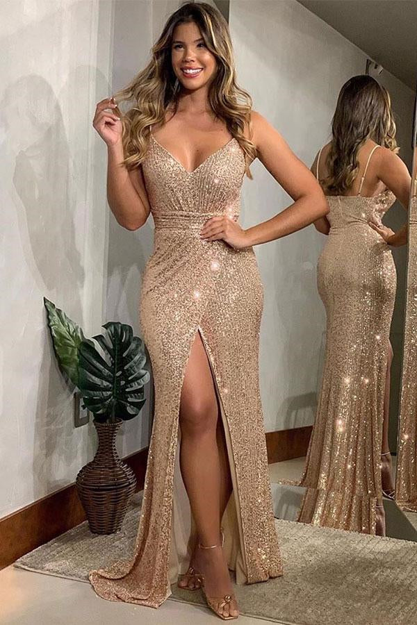 Newinlook Spaghetti-Straps Evening Dress With Slit Sequins