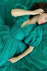Newinlook Dark Green Evening Dress A-Line With Short Sleeves V-Neck