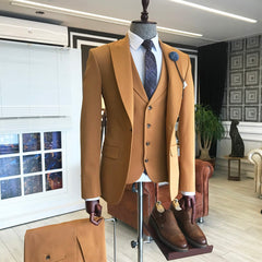 Newinlook Handsome Gold Brown Three-Piece Party Suit with Peaked Lapel for Prom