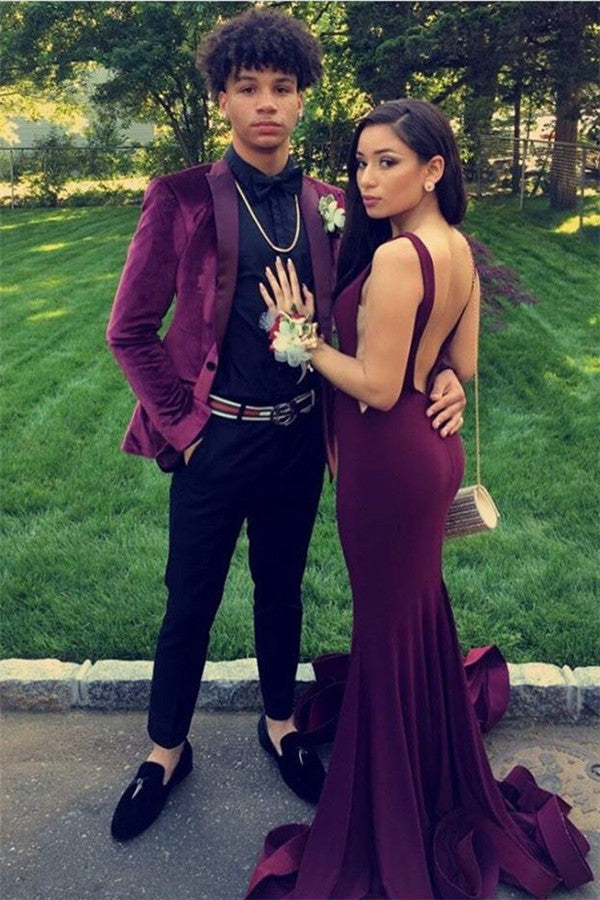 Newinlook Casual Two-Piece Burgundy Velvet Prom Suit with Peak Lapel
