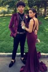 Newinlook Casual Two-Piece Burgundy Velvet Prom Suit with Peak Lapel
