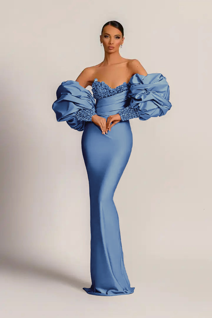 Charming Purple Strapless Mermaid Long Formal Dress With Appliques Puff Sleeves