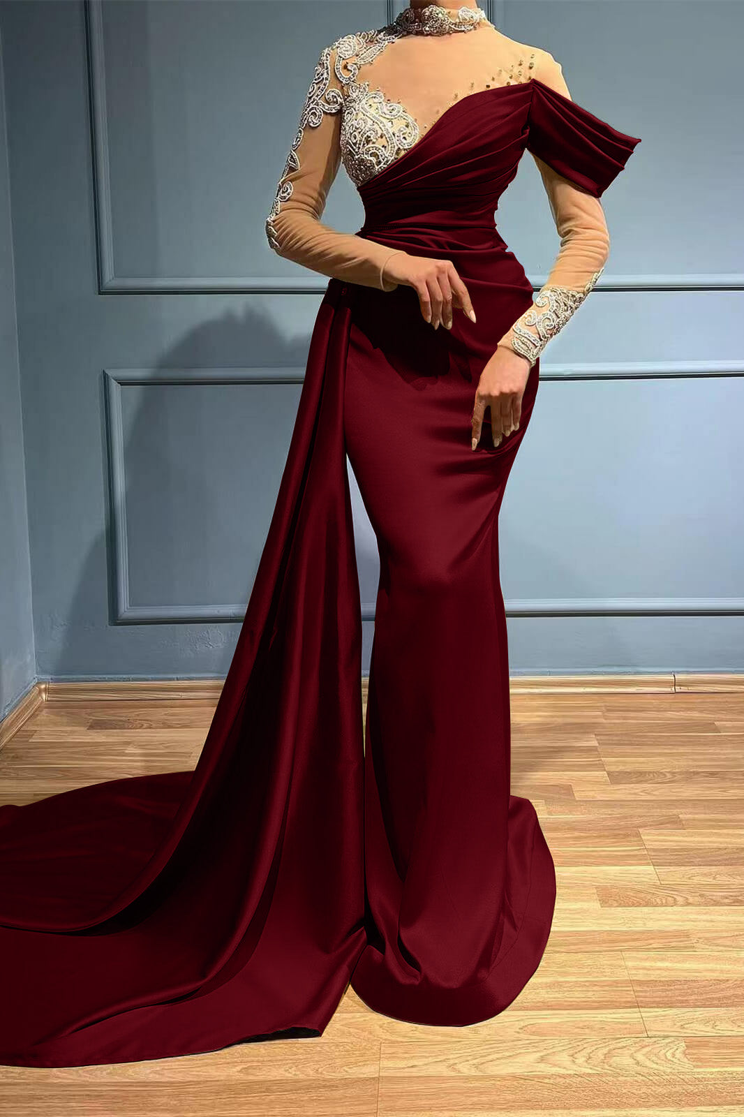 Newinlook Long Sleeves High Neck Appliques Evening Dress Long With Ruffles Mermaid