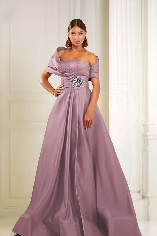 Off the Shoulder Sleeveless Long Formal Dress With Pleated Beading