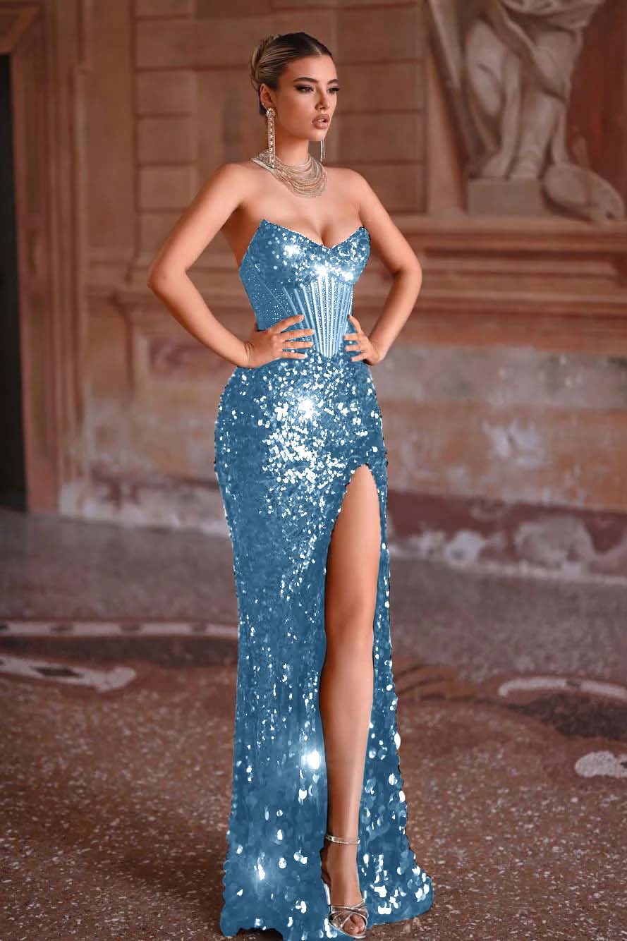 Strapless Sleeveless Long Mermaid Formal Dress With Split Sequins