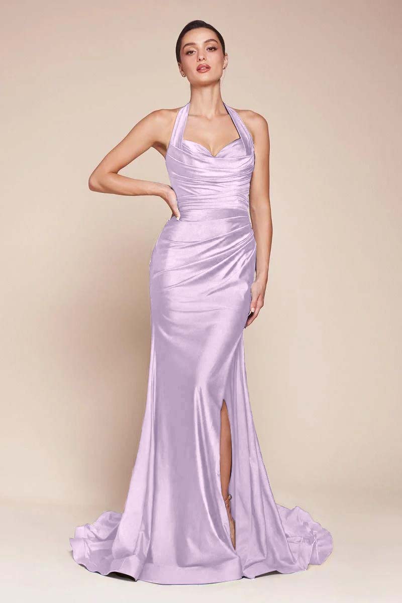 Halter Sleeveless Split Mermaid Long Formal Dress With Pleated