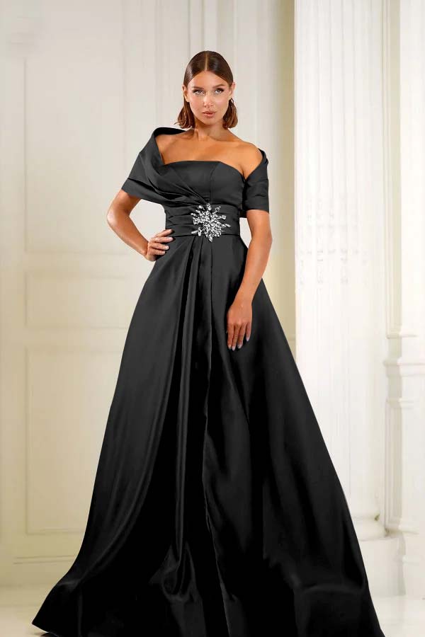Off the Shoulder Sleeveless Long Formal Dress With Pleated Beading